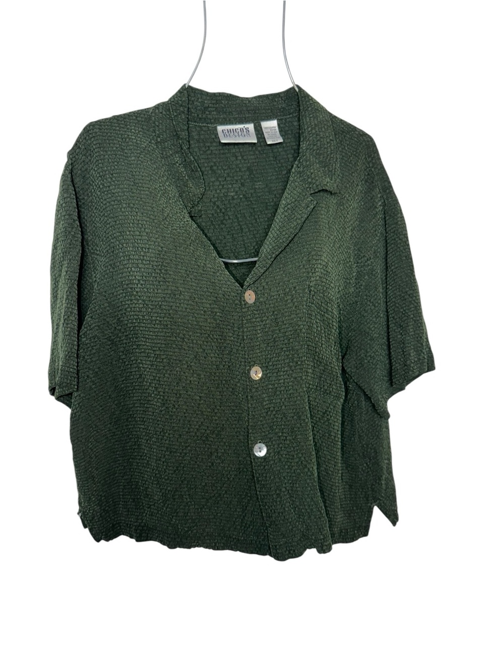 Chico's Dark Green Textured Short-Sleeve Button-Down Shirt